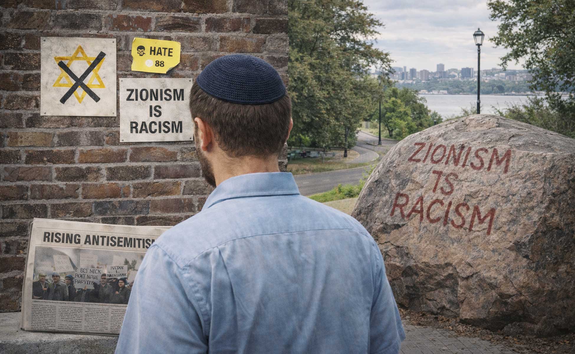 Man wearing kippah in front on antisemitic vandalism